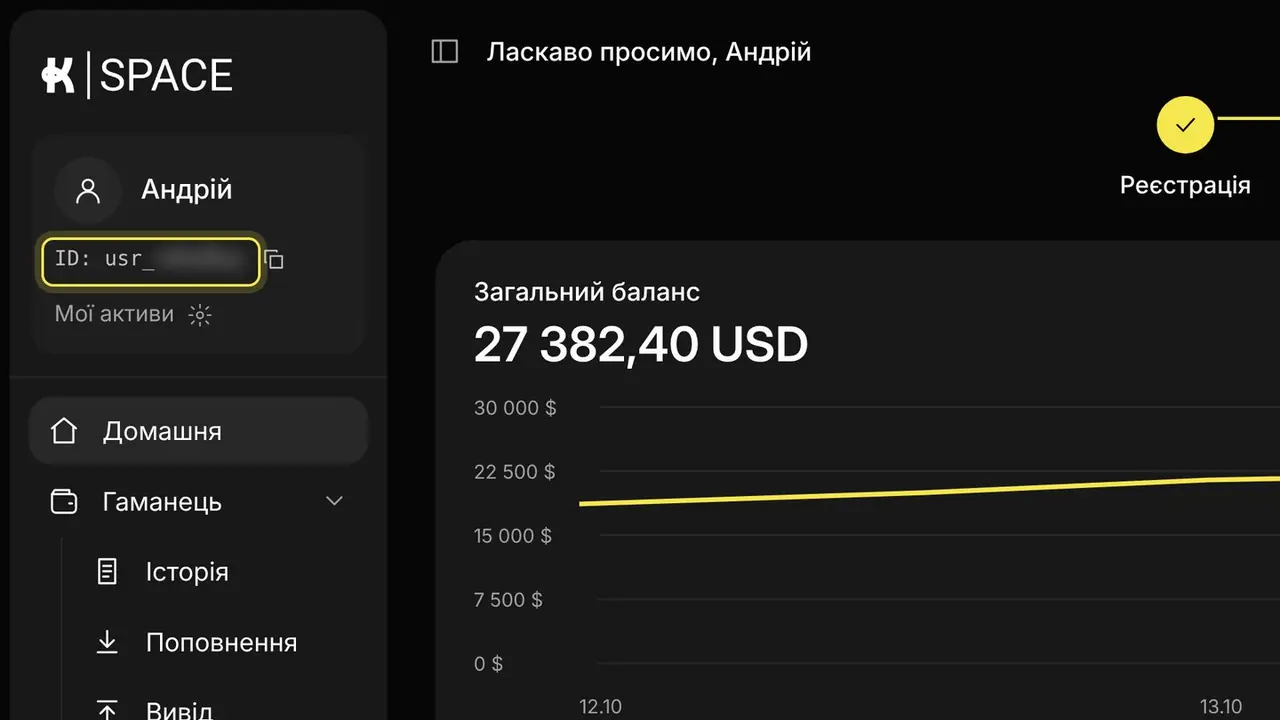 Як передати свій ID, щоб мені переказали: екран кабінету K-Space