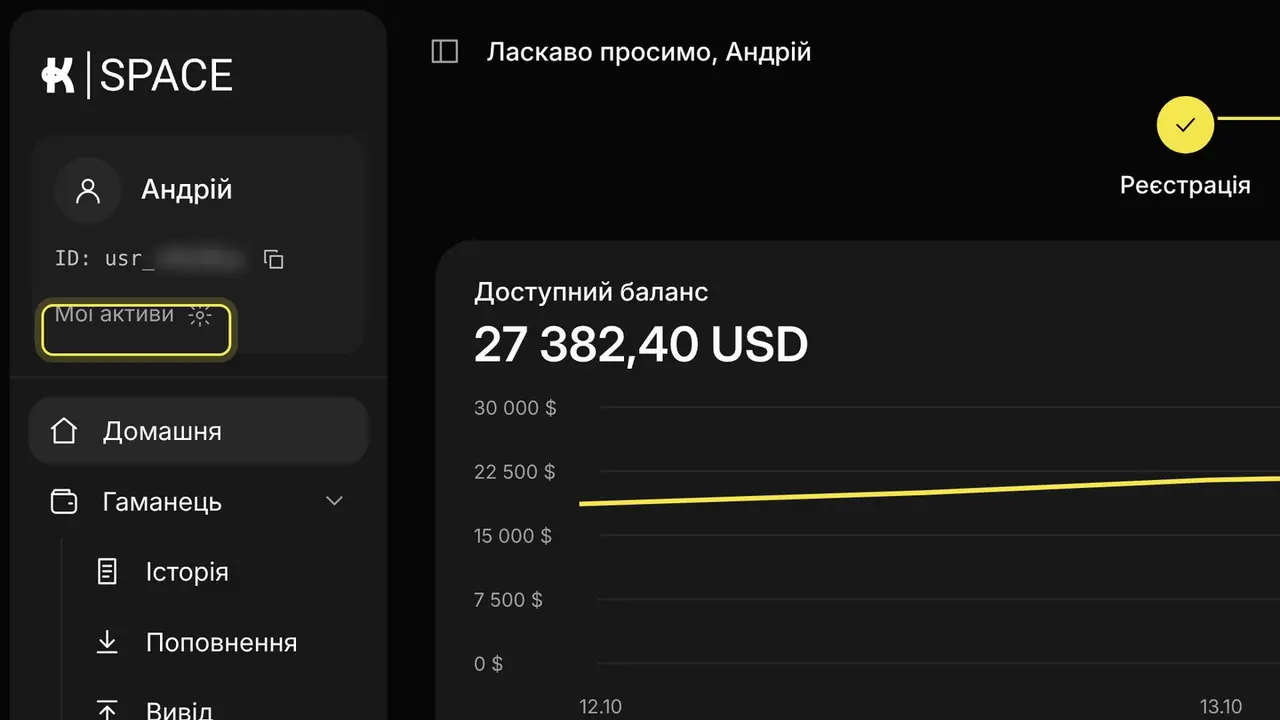 Як увімкнути або вимкнути актив: екран кабінету K-Space, крок 1